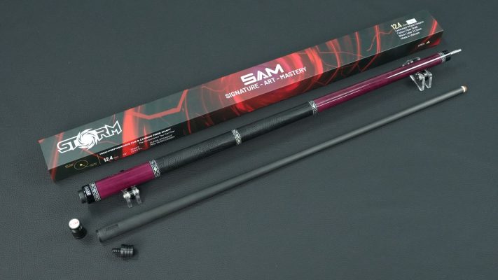 Professional pool cue with low-deflection carbon shaft for training and competition.